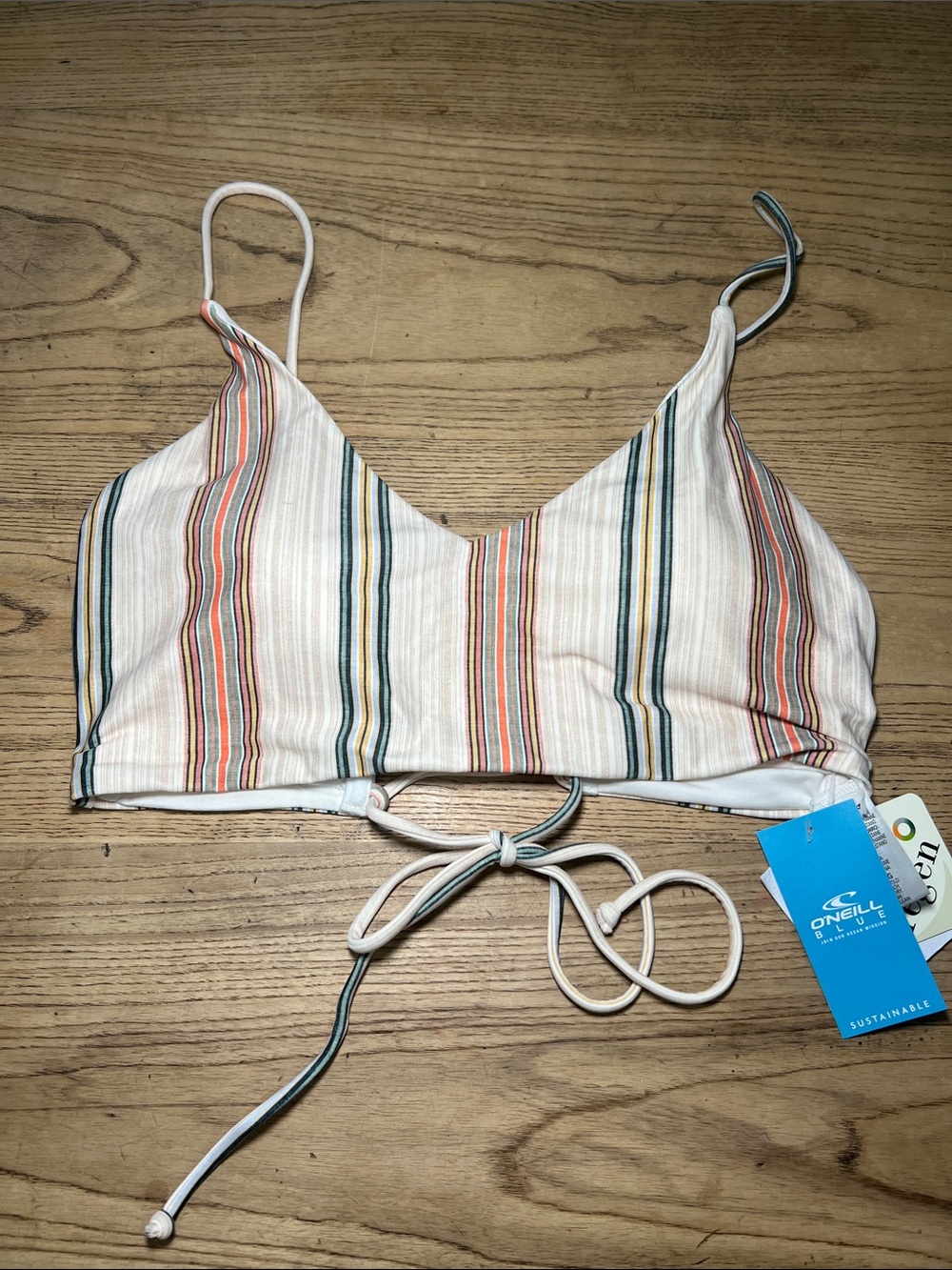 O'Neill Cream Striped Tie-Back Bikini Top with Green and Orange Accents